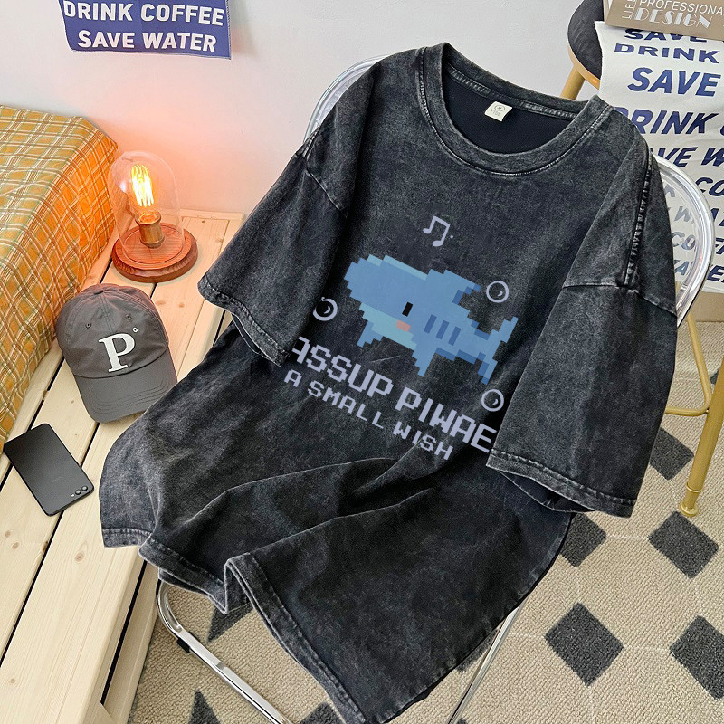COD (จัดส่งในกรุงเทพฯ) MAO Shop Printed T-shirt，ฉลามการ์ตูนตลกพิมพ์เสื้อยืด oversize ฟอก #2271