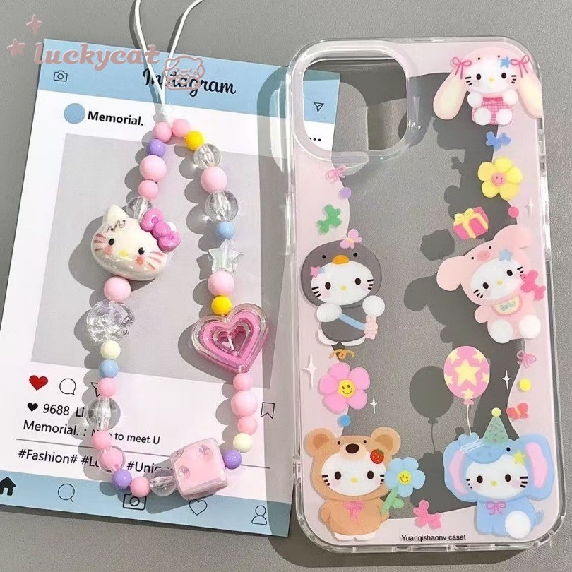 Iphone 16 15 14 13 12 11 Pro Max X Xr Xs Max 7 8 Plus SE2020 เคสโทรศัพท์คริสตัลสีชมพูหัวใจรักการ์ตูนน่ารัก KT แมวรูปแบบ + Lanyard Clear Soft ฝาหลัง