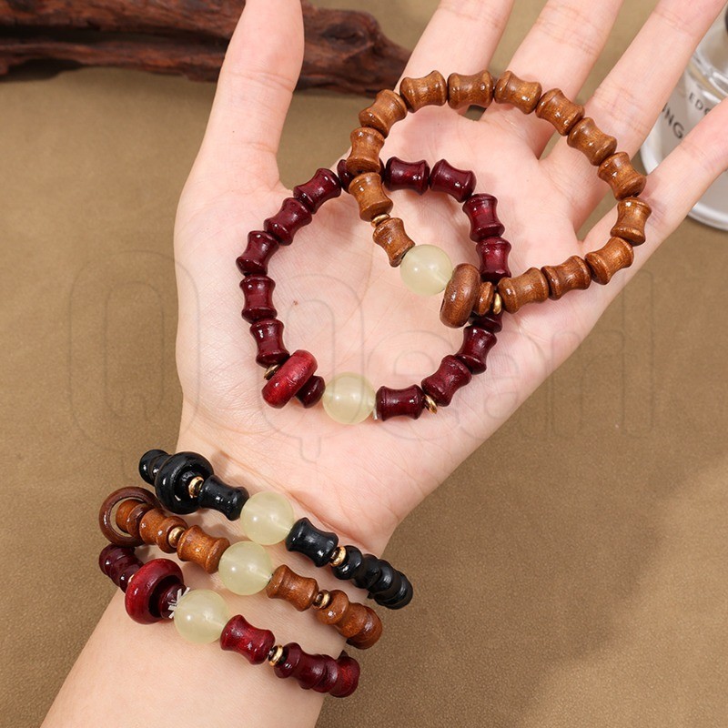 สร้อยข้อมือลูกปัดไม้จันทน์สีเขียว-สร้อยข้อมือลูกปัดพระพุทธรูปไม้-เครื่องประดับทํามือสไตล์จีน-ส่องสว่าง Jewellery-เครื่องประดับแฟชั่น-รูปไม้ไผ่สวดมนต์มือสตริงกําไล