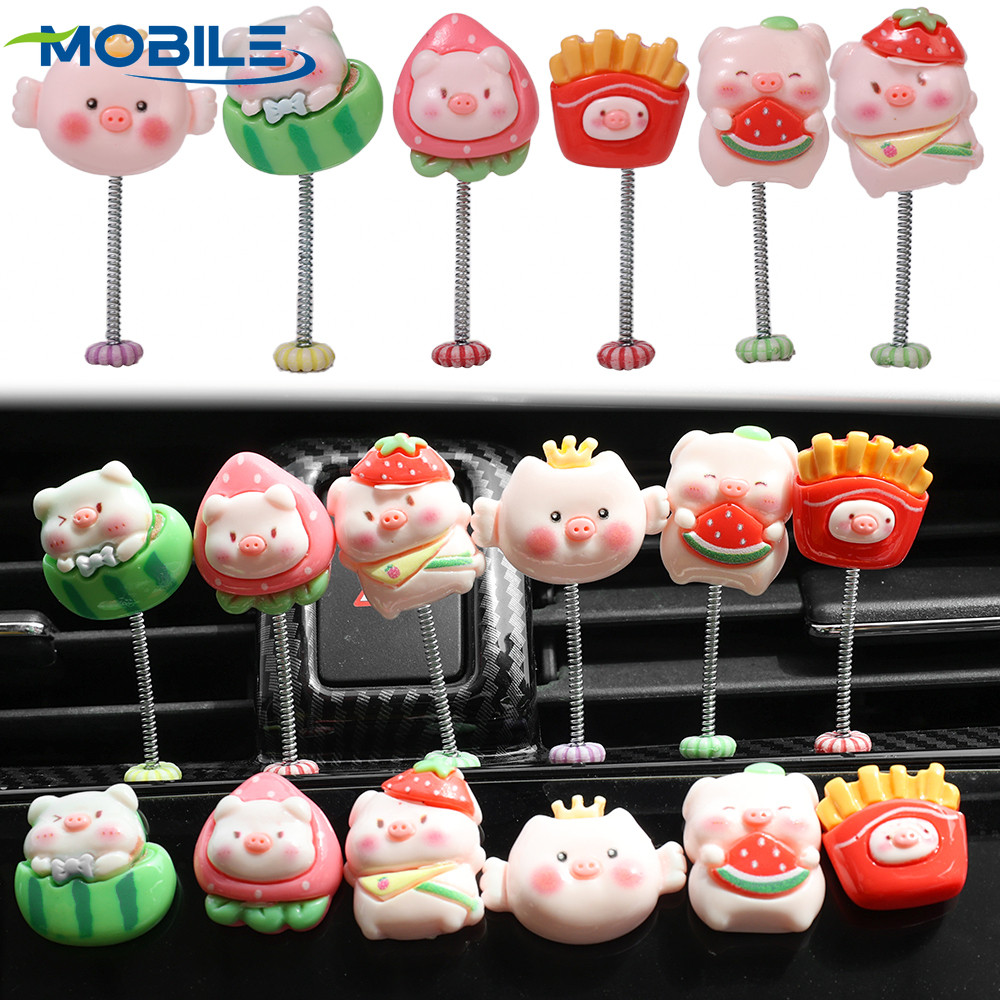 [โดดเด่น] เครื่องประดับรถยนต์ลูกหมูแตงโม 6 ชิ้น - หมูหัวสั่นน่ารัก - ตกแต่งกระจกมองหลังแดชบอร์ด - อุปกรณ์ตกแต่งภายในรถยนต์