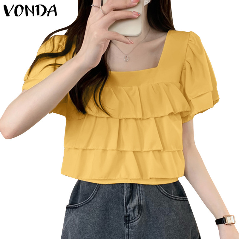 Vonda ผู้หญิงเกาหลีลําลองคอสี่เหลี่ยม Ruffle Layered เสื้อแขนสั้น