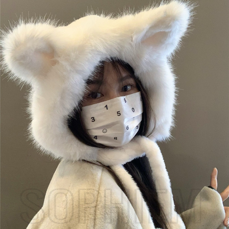 หมวกหูสุนัขจิ้งจอกขนยาว-หมวกสวมหัวแบบหนา-การ์ตูน,อเนกประสงค์-สําหรับสาวฤดูหนาวกีฬากลางแจ้ง-หมวกป้องกันหูตุ๊กตา-กันลมเส้นรอบวงศีรษะขนา