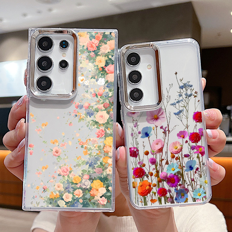 Samsung Galaxy S24 S23 S22 S21 FE Ultra PLUS A35 5G Rose Blossom โปร่งใสสแควร์เคสโทรศัพท์แบบนุ่ม