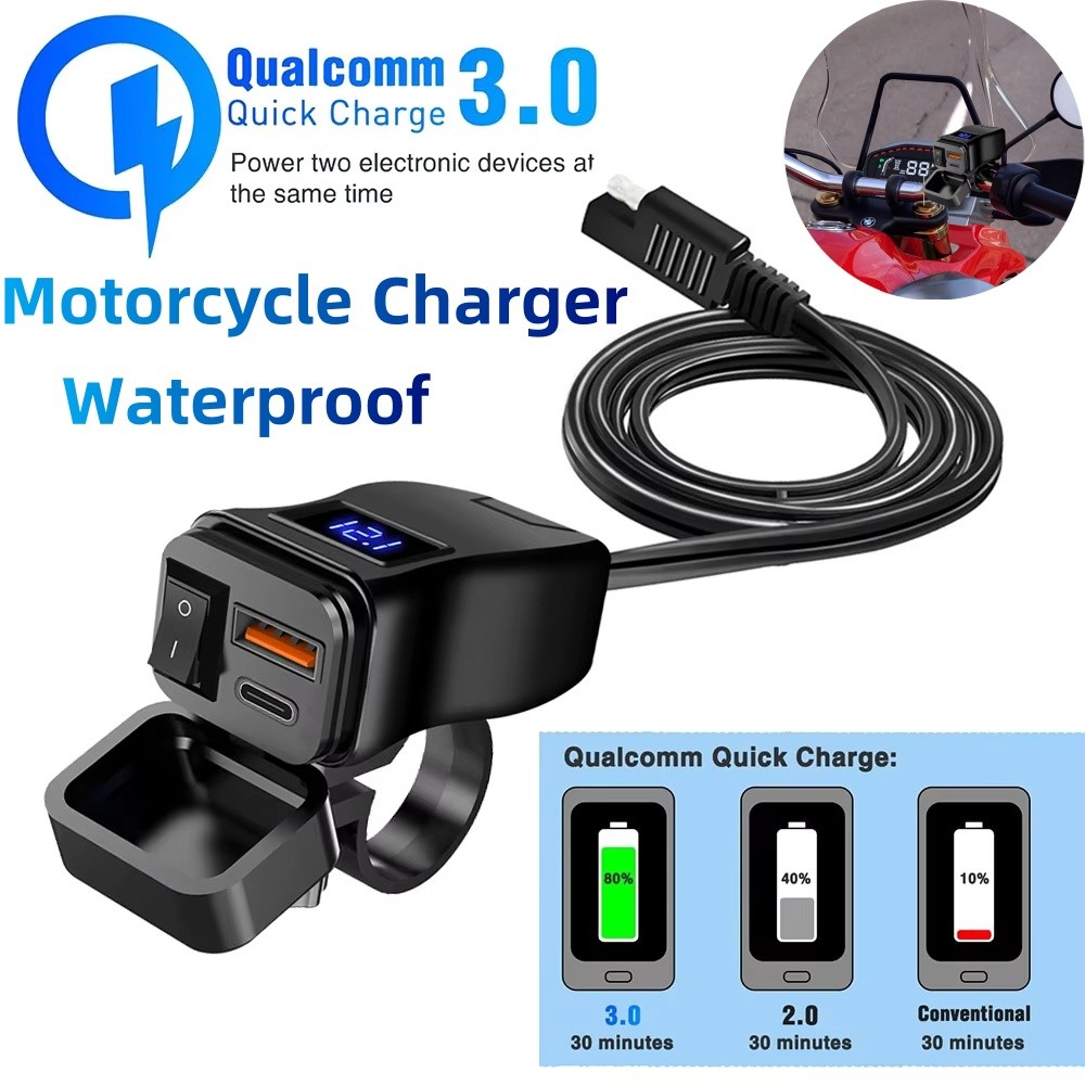 เครื่องชาร์จรถจักรยานยนต์ QC3.0 Dual USB Fast Charger Power Adapter Socket พร้อมสวิตช์กันน้ําโวลต์มิเตอร์แบบดิจิตอล Moto อุปกรณ์เสริม