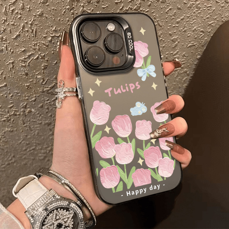 โลหะชุบโลหะด้วยไฟฟ้า ไอโฟนดอกทิวลิปสีชมพูfor 11 iPhone 12 13 14 15Pro MAX X XS XR 7 8Plus เคสโทรศัพท์