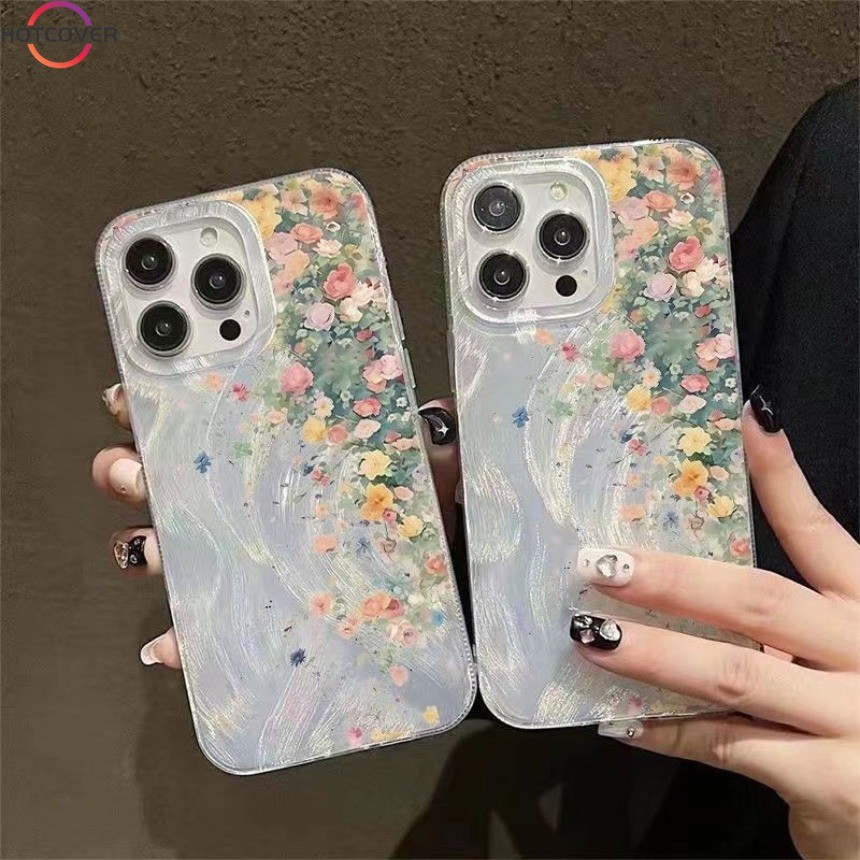 สําหรับ Vivo V30 V29 V27 V25 Pro V30e V29e V27e V25e V23e V9 S1 U10 Y85 เคสโทรศัพท์ Silver Feather Holographic เลเซอร์กรณีภาพวาดสีน้ํามันดอกไม้ฝาครอบ