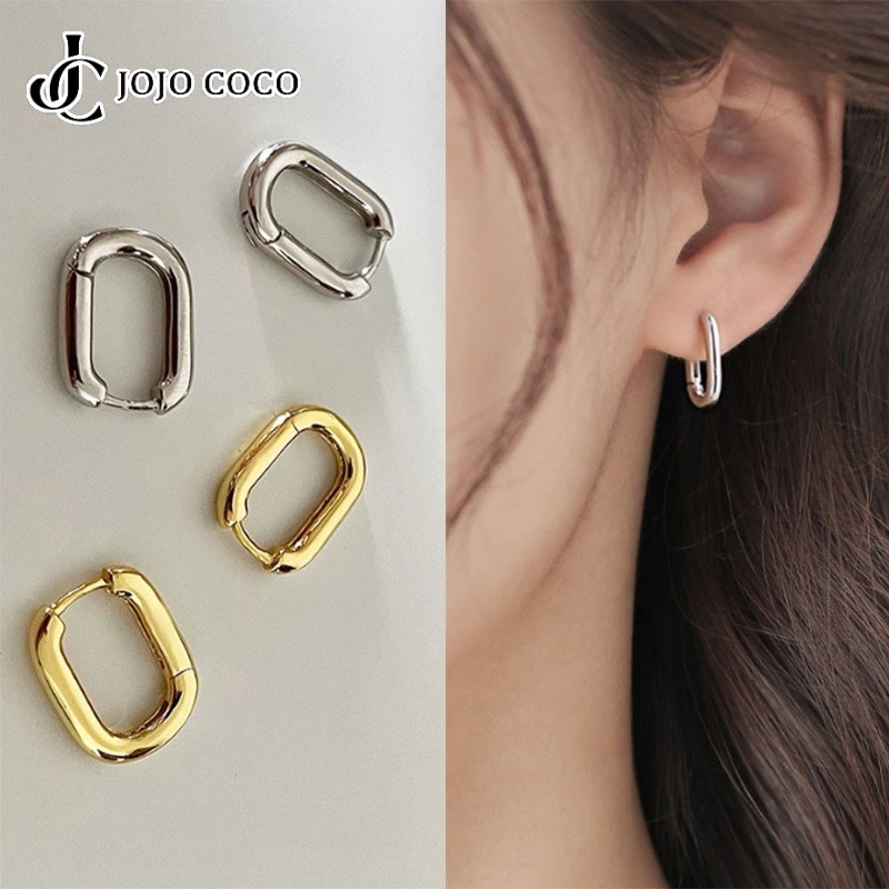Jojo COCO เวอร์ชั่นเกาหลี S925 ต่างหูห่วงชุบเงินสําหรับผู้หญิงหูรูปไข่หัวเข็มขัดต่างหูเคลือบทอง