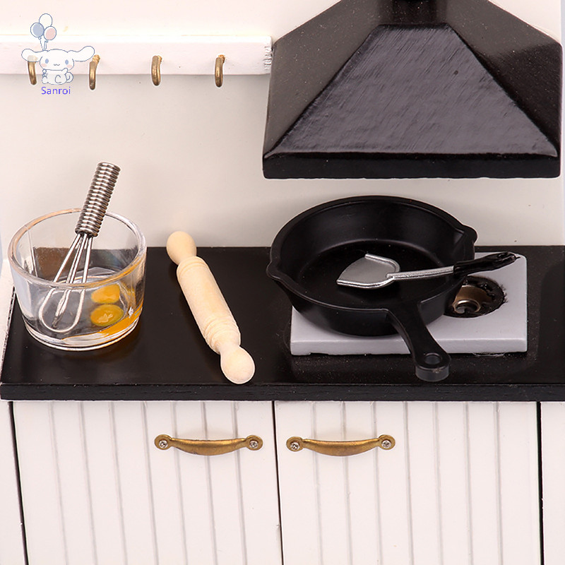 [San] 1 ชุด 1:12 Dollhouse Miniature เครื่องครัว Pan Rolling Pin ไม้พายไข่ชามรุ่นเครื่องครัวตกแต่งของเล่น POP