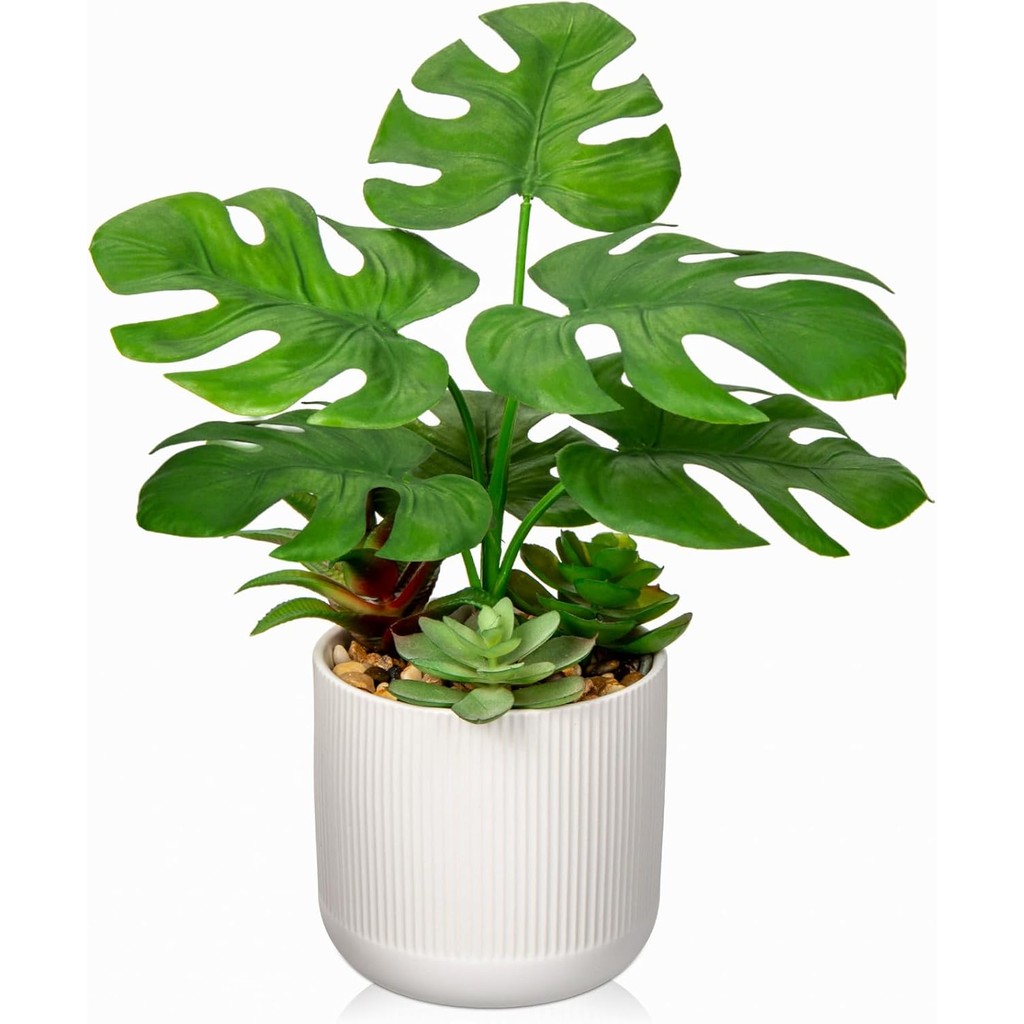 13.8 นิ้วปลอม Monstera กระถางต้นไม้, ประดิษฐ์พืชอวบน้ําในหม้อเซรามิก Faux Tropical พืชสําหรับในร่มกลางแจ้ง Home Office ชั้นวางโต๊ะสวน Farmhouse ตกแต่ง