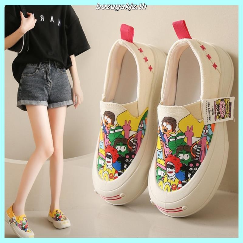 HWSHOES รองเท้าผ้าใบทรงพั้มพ์ทรงกราฟฟิตี ผ้าใบสีขาว รองเท้าผู้หญิง พื้นนิ่ม สีดํา  ทํางาน รองเท้าลําลอง