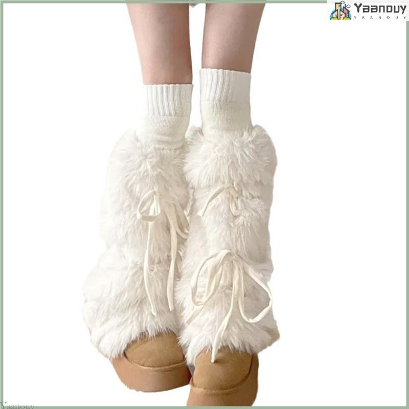 Yaa ผู้หญิง Vintage Fuzzy Boot Cover ริบบิ้น Bowknot Furry ขาอุ่นถุงเท้าฤดูหนาว