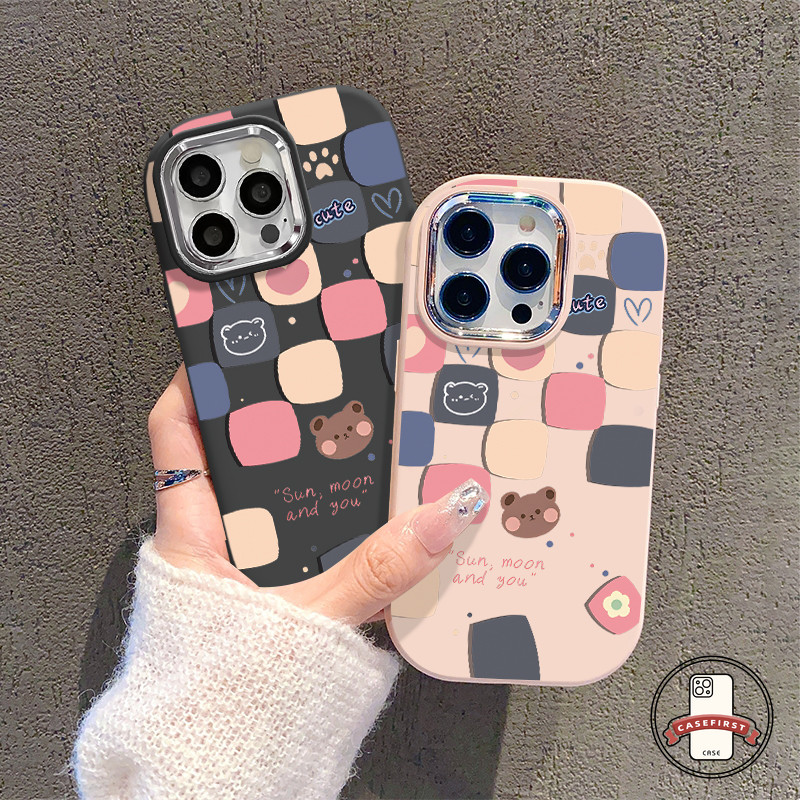 น่ารักสีสันการตรวจสอบหมีดูเดิ้ลเคสเข้ากันได้กับ IPhone 15 11 14 12 13 Pro Max 7Plus XR X XS Max 15 7 14 8 Plus SE 2020