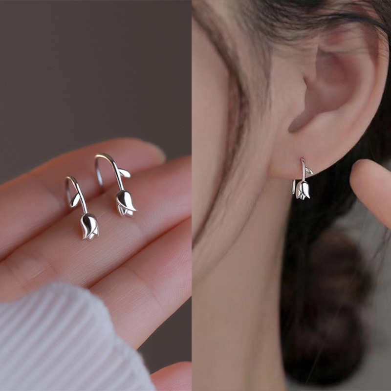 S925 Silver Tulip ต่างหูหวานต่างหูดอกไม้ระดับไฮเอนด์