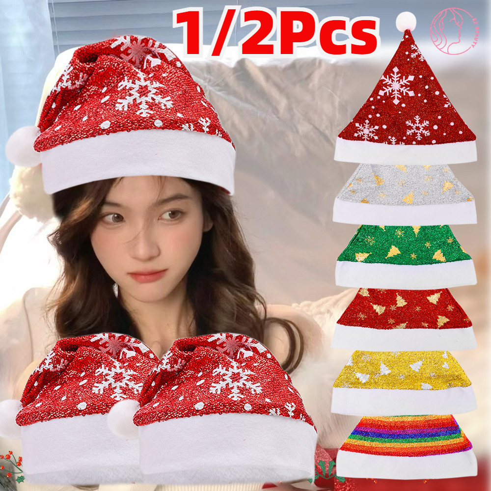 1/2 ชิ้นคลาสสิกสีแดง Xmas Tree Snowflake พิมพ์กระบวนการปั๊มร้อนตุ๊กตาคริสต์มาสหมวก-น่ารัก Hairball หนาฤดูหนาวที่อบอุ่นเลื่อม Santa หมวก