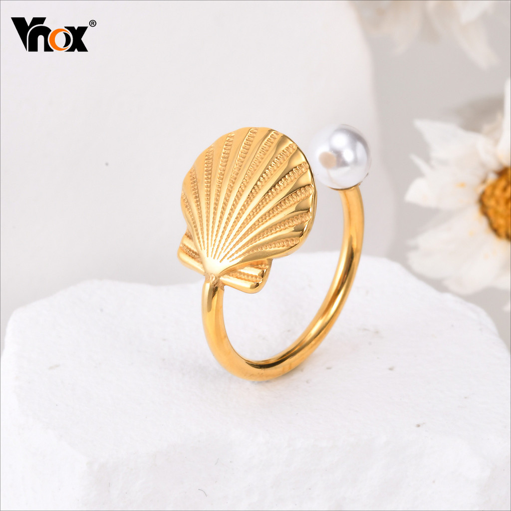 Vnox Shell Pearl เปิดแหวนผู้หญิงสาว,18K Gold Dainty Elegant แหวน,สแตนเลส Non Tarnish เครื่องประดับ