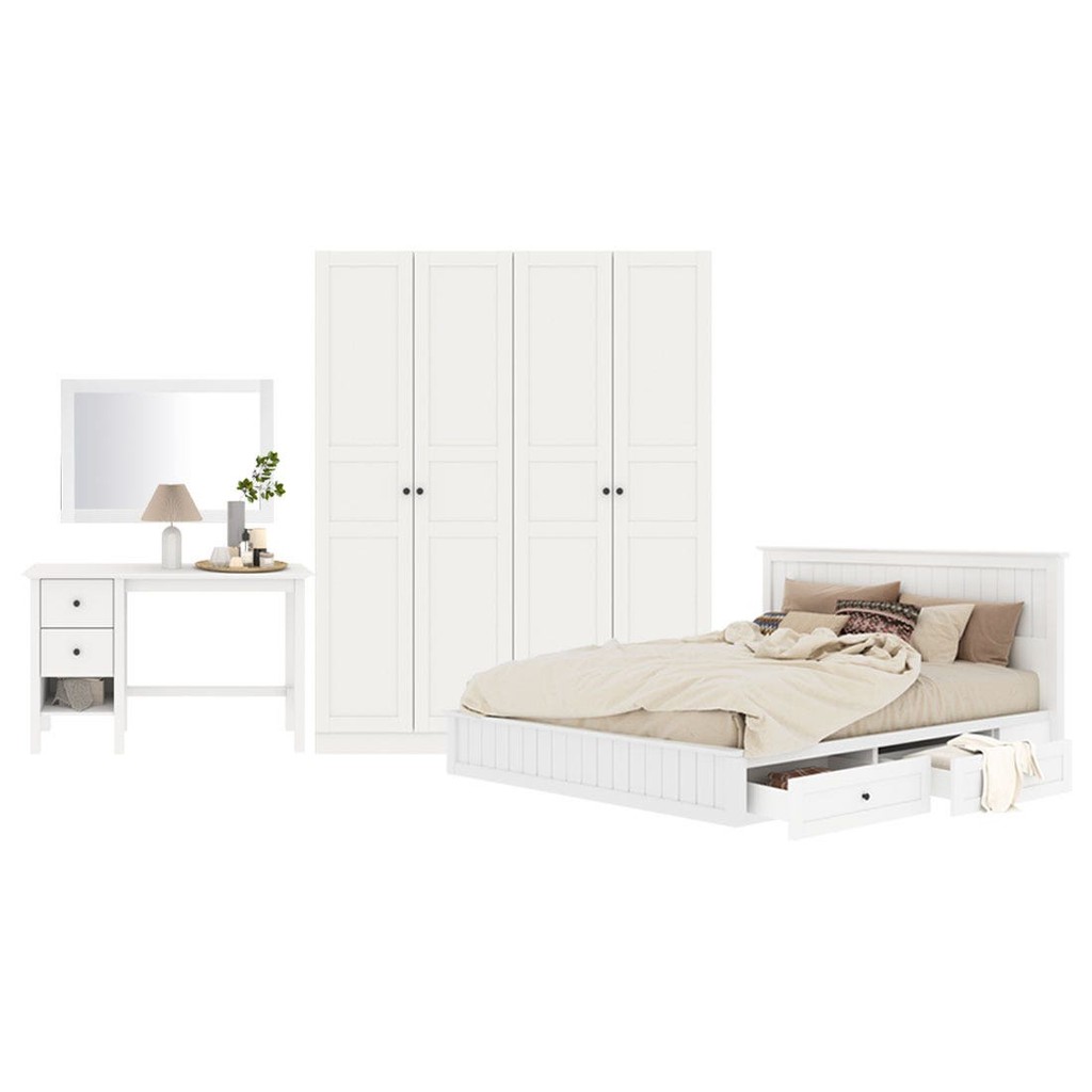 Koncept Furniture ชุดห้องนอน ขนาด 6 ฟุต แบบลิ้นชัก รุ่น Moneta & ตู้เสื้อผ้าขนาด 160 ซม. สีขาว  แบรนด์ KONCEPT FURNITURE