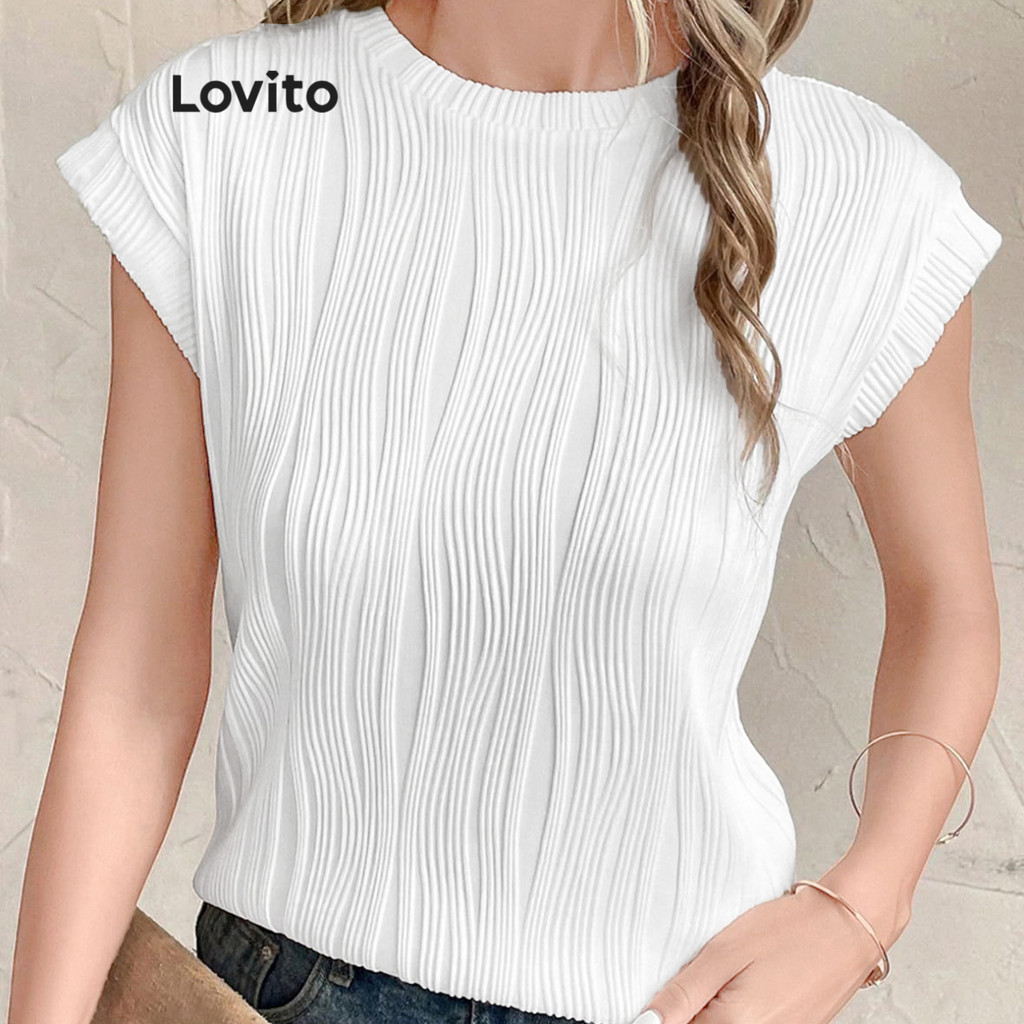Lovito เสื้อเบลาส์ผู้หญิง ลายเรขาคณิต สไตล์ลำลอง LNE54226