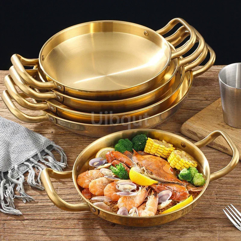 Golden Korean Army Hotpot Thickened commercial double ear Frying pan Dry pot basin Stainless steel S