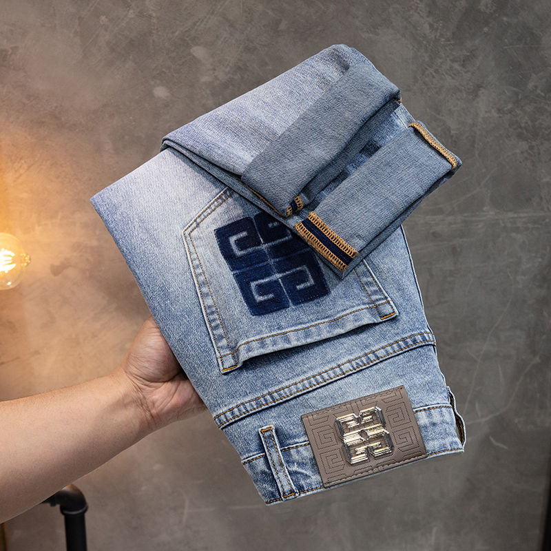 ฤดูใบไม้ผลิฤดูร้อน High-End ผู้ชาย Sky Blue กางเกงยีนส์ยุโรปสินค้ายืด Slim-Fit กางเกง Street สวมใส่ผู้ชายผอมกางเกง Casual All-Match กางเกง [คลังสินค้าพร้อม