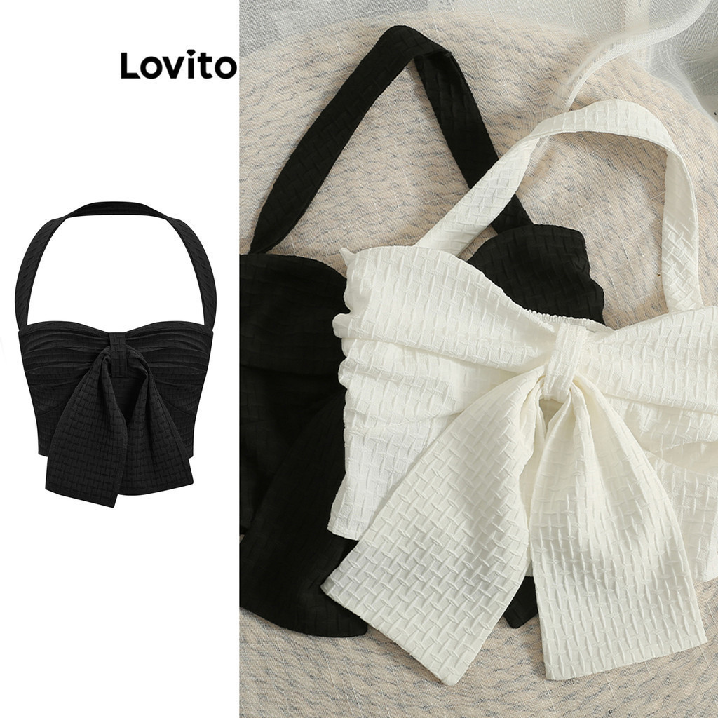 Lovito เสื้อแขนกุด แต่งโบ สีพื้น สไตล์ลำลอง สำหรับผู้หญิง L71ED047 (สีดำ/สีขาว)