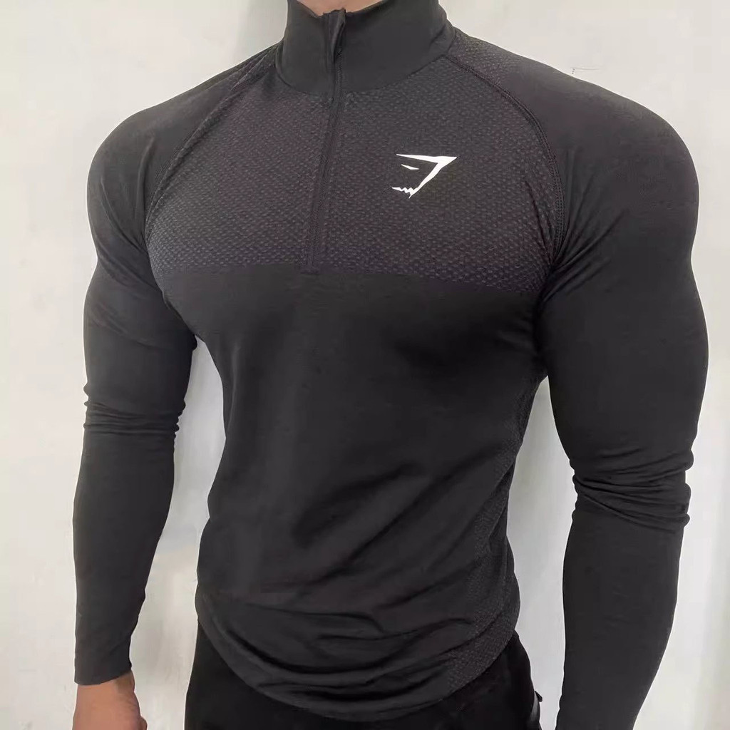Gymshark เสื้อผ้าออกกําลังกายผู้ชายกีฬาแขนยาวแห้งเร็ว Slim-Fit Stre
