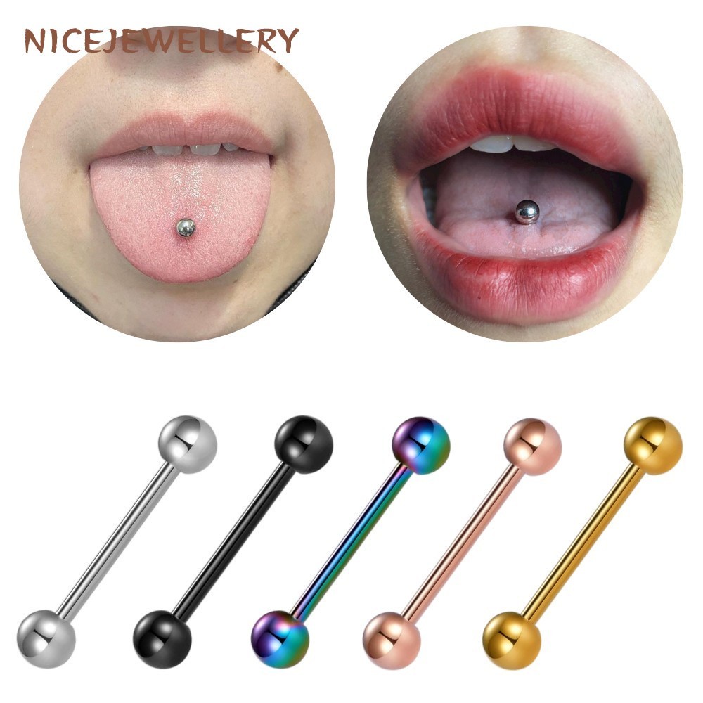 316l สแตนเลสสตีลลิ้นเจาะ 14G Punk แหวนลิ้น Double Ball Barbell เจาะลิ้น