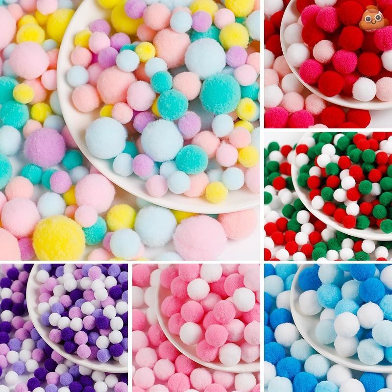 [LO] 130pcs งานแต่งงานตกแต่งกาวบนผ้าอุปกรณ์เสริม Macaron Pompom Fur Balls 1 ซม.ถึง 3 ซม.Popones DIY Soft Pom Poms Craft TH