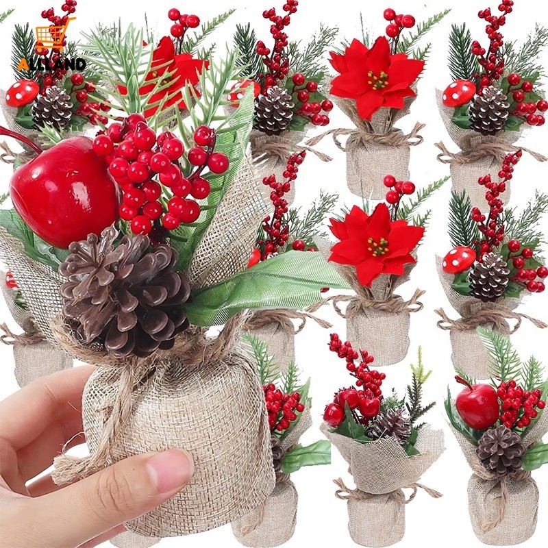 เครื่องประดับเดสก์ท็อปจําลองคริสต์มาส - ต้นคริสต์มาสขนาดเล็กงานฝีมือ DIY ดอกไม้ปลอม - ตกแต่งบ้านห้องนั่งเล่น