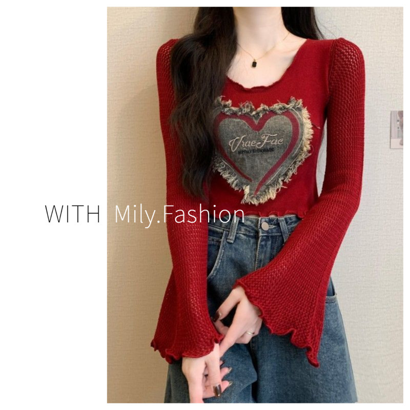 Milyfashion แพทช์ผ้ายีนส์ฉลุลายหวานและเผ็ดสำหรับผู้หญิงแฟชั่นใหม่2024ฤดูใบไม้ร่วงเข้ารูปปกปิดเนื้อเสื้อดีไซน์
