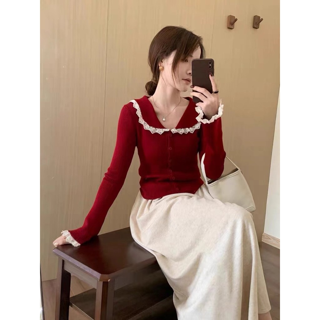 ฤดูใบไม้ร่วงและฤดูหนาวความรู้สึกของการออกแบบเสื้อคาร์ดิแกนถักลูกไม้ผู้หญิงใหม่เกาหลีคอตุ๊กตาดูผอมอารมณ์แขนยาวกำมะหยี่มิงค์ฉัน1a5r