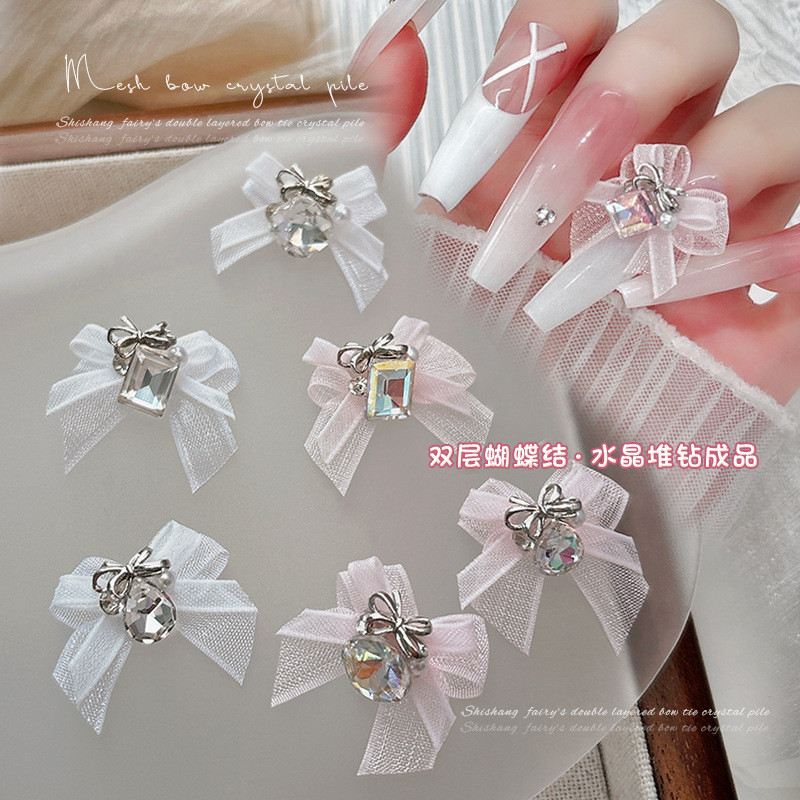 สติ๊กเกอร์ติดเล็บตกแต่ง Organza Bowknot Diamond DIY Rhinestones สีขาวสีชมพู 5 ชิ้น