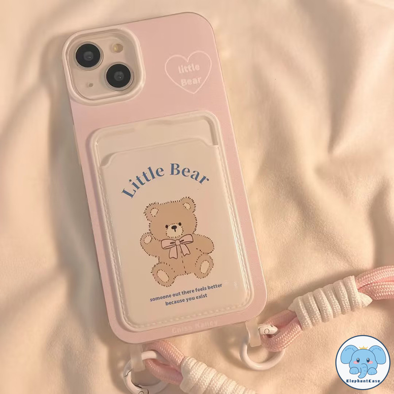 โบว์หวานหมีรักหัวใจเข้ากันได้เคสไอโฟน 16 11 15 13 12 14 XR Pro Max X XS Max 7 8 16 Plus SE เชือกกระเป๋าสตางค์บัตร เคส
