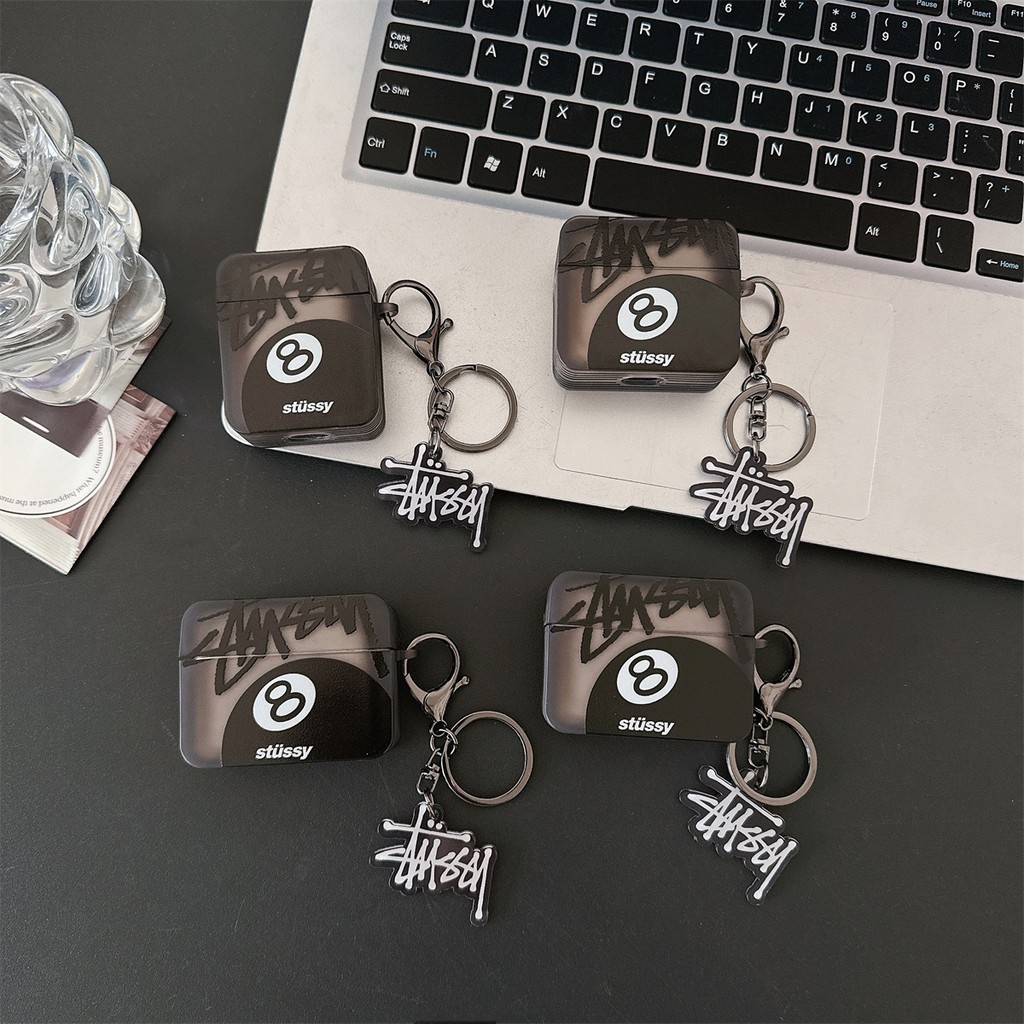 สีดํา 8 STUSSY Soft TPU ซิลิโคนสแควร์สําหรับ AIRPODS 4 PRO2 /1/2/3 PRO ป้องกันกรณีเฉพาะเชลล์ฝาครอบป้องกันอุปกรณ์เสริม