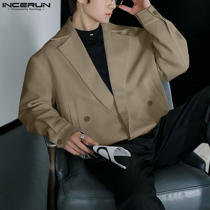 ไม่แน่นอน ผู้ชายเกาหลีลําลองสีทึบปกแจ็คเก็ตแขนยาว