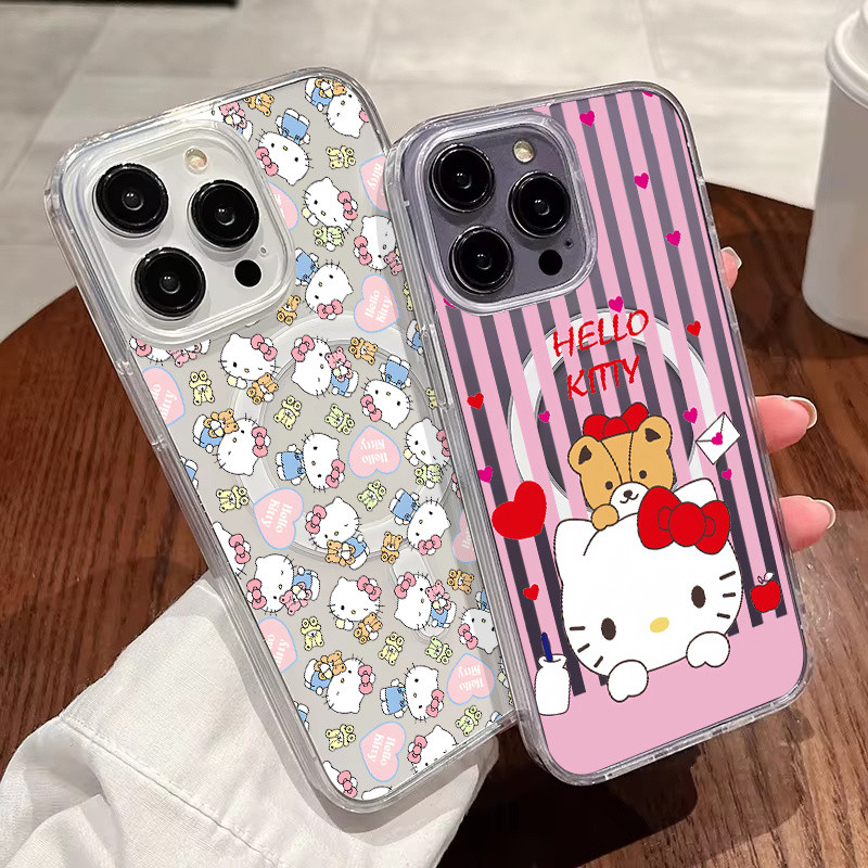 SANRIO การ์ตูนsanrio Hello Kitty Candyกันกระแทกถุงลมนิรภัยแม่เหล็กสําหรับiPhone16/Pro Max 15/14Plus 13/11Pro 12Mini Anti-Slipกันกระแทกเต็มแพคเกจฝาครอบโปร่งใส