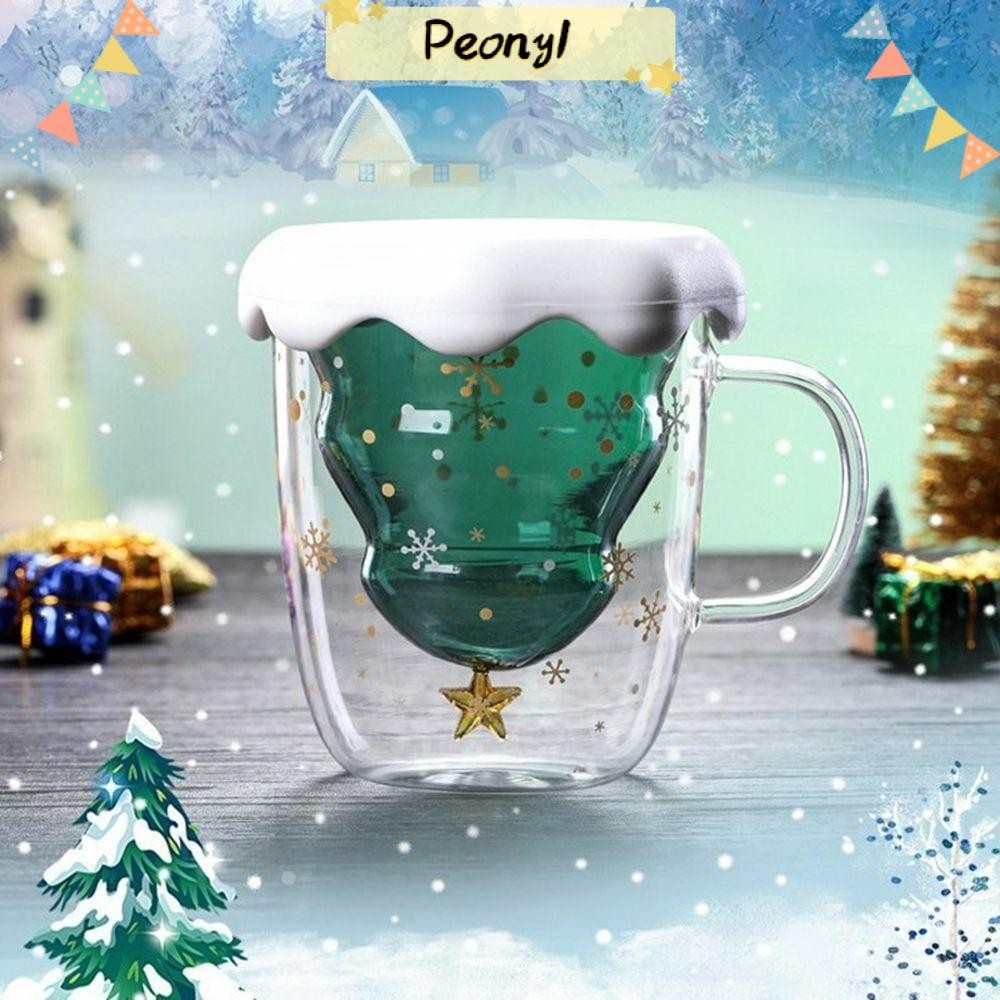 Pdony แก้วกาแฟ, แก้ว Borosilicate สูงแก้วนมฝาซิลิโคน, น่ารักสองชั้นป้องกันการลวก 300ML ถ้วยแก้ว Borosilicate คริสต์มาส