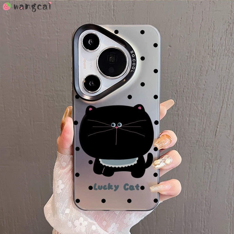 สําหรับ Huawei Pura 70 P60 Art P50 P40 P30 Pro Plus เคสโทรศัพท์น่ารัก Lucky Black Cat การ์ตูน Simple Silver สีขาวสีเทาหรูหราเลเซอร์ Matte Frosted Plain Soft Casing Cases กรณีปกหลัง