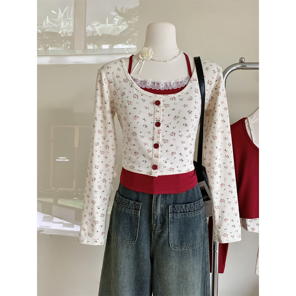 Bonnie เสื้อครอปแขนยาว คอกลม ซับในน่ารัก ลายดอกไม้ ผอมเพรียว แต่งสองชั้นสีสดใส สไตล์ลำลอง ส่งไวจากไทย#FYH347