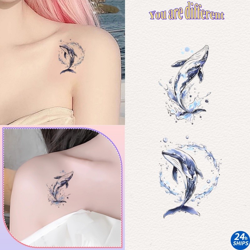 รอยสักลายปลาวาฬสีน้ําเงินสาวเซ็กซี่ไหล่สักสติกเกอร์รอยสักกันน้ําติดทนนาน 7 วันสติกเกอร์ผิวรอยสักปลอมชั่วคราว