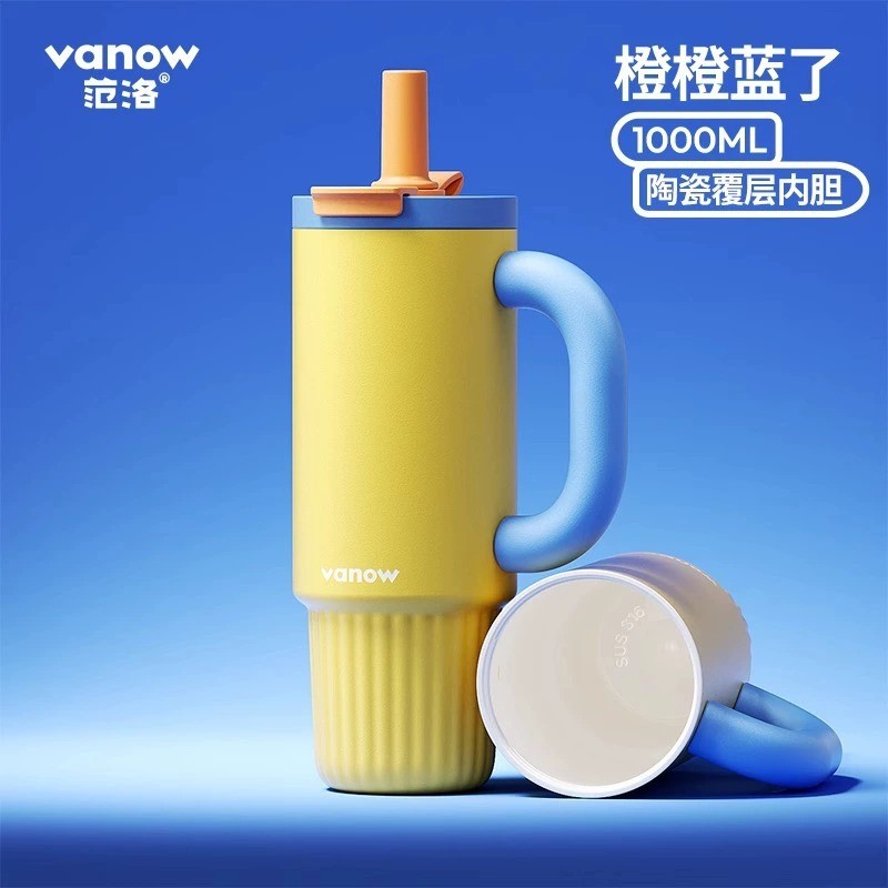 Vanow ถ้วยเก็บความร้อนถ้วยกาแฟความจุขนาดใหญ่1,000มิลลิลิตรเซรามิกซับขวดน้ํารถฟางถ้วยฉนวนกันความร้อนเย็นเก็บ316ถ้วยน้ําสแต