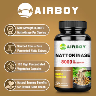 อาหารเสริม AIRBOY Nattokinase, 8,000 FU ต่อเสิร์ฟ, แหล่งสารสกัดจากนัตโตะแบบดั้งเดิม – เอนไซม์ความแรงสูงสุดและรองรับสุขภาพหัวใจ – ไม่ใช่จีเอ็มโอ, 30/60/120 แคปซูล