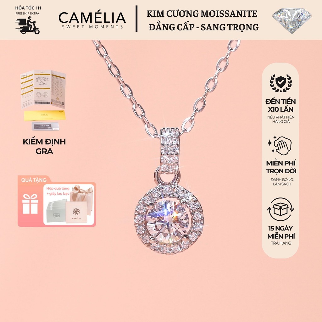 GRA CAMÉLIA ZPW010 สร้อยคอเพชร Moissanite 5 มม. หน้ากลมและขอบหินประกาย