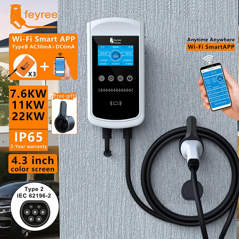 feyree Type2 EV Charger 32A 7.6KW Charging Station Car Charger 11KW 22KW 3Phase EVSE Wallbox 4.3inch