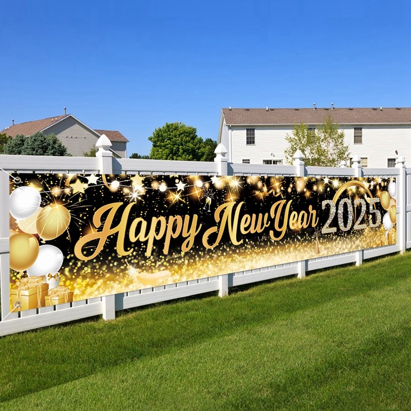 200*40เซนติเมตรโพลีเอสเตอร์สวัสดีปีใหม่2025แบนเนอร์สีดําทองบอลลูนรูปแบบพื้นหลังผ้าตกแต่งบ้านปีใหม่ตกแต่ง2025ปีใหม่พรรคตกแต่ง