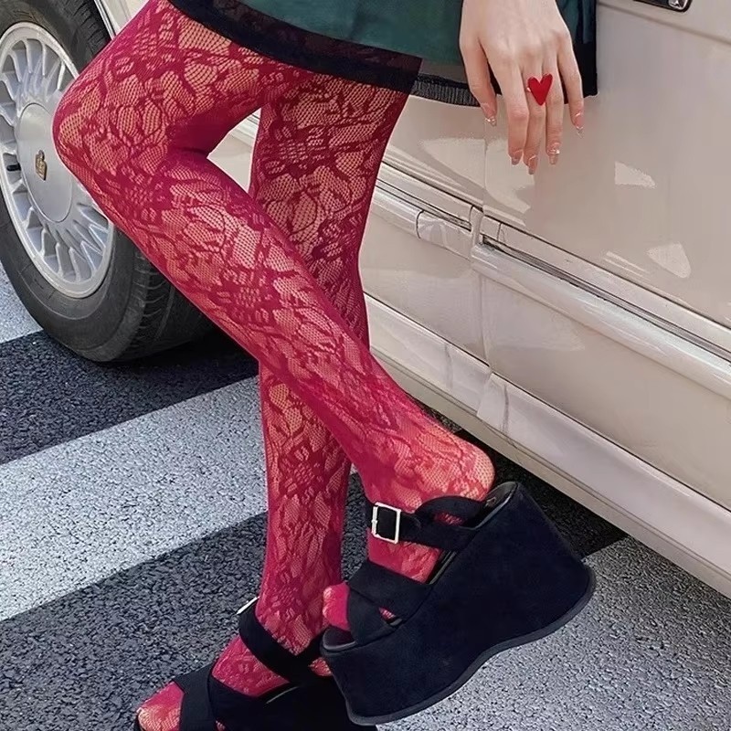 แฟชั่นดอกไม้เย็บปักถักร้อยตาข่ายลูกไม้ Hollow Out Pantyhose ผู้หญิง Ancora สีแดง Fishnet Tights Harajuku Lolita สาวไนท์คลับกางเกงขายาวถุงน่อง