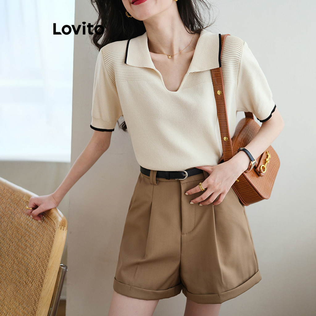 Lovito เสื้อเบลาส์ผู้หญิง สสีพื้น คัลเลอร์บล็อก สไตล์ลำลอง LNL36066 (หลากสี)