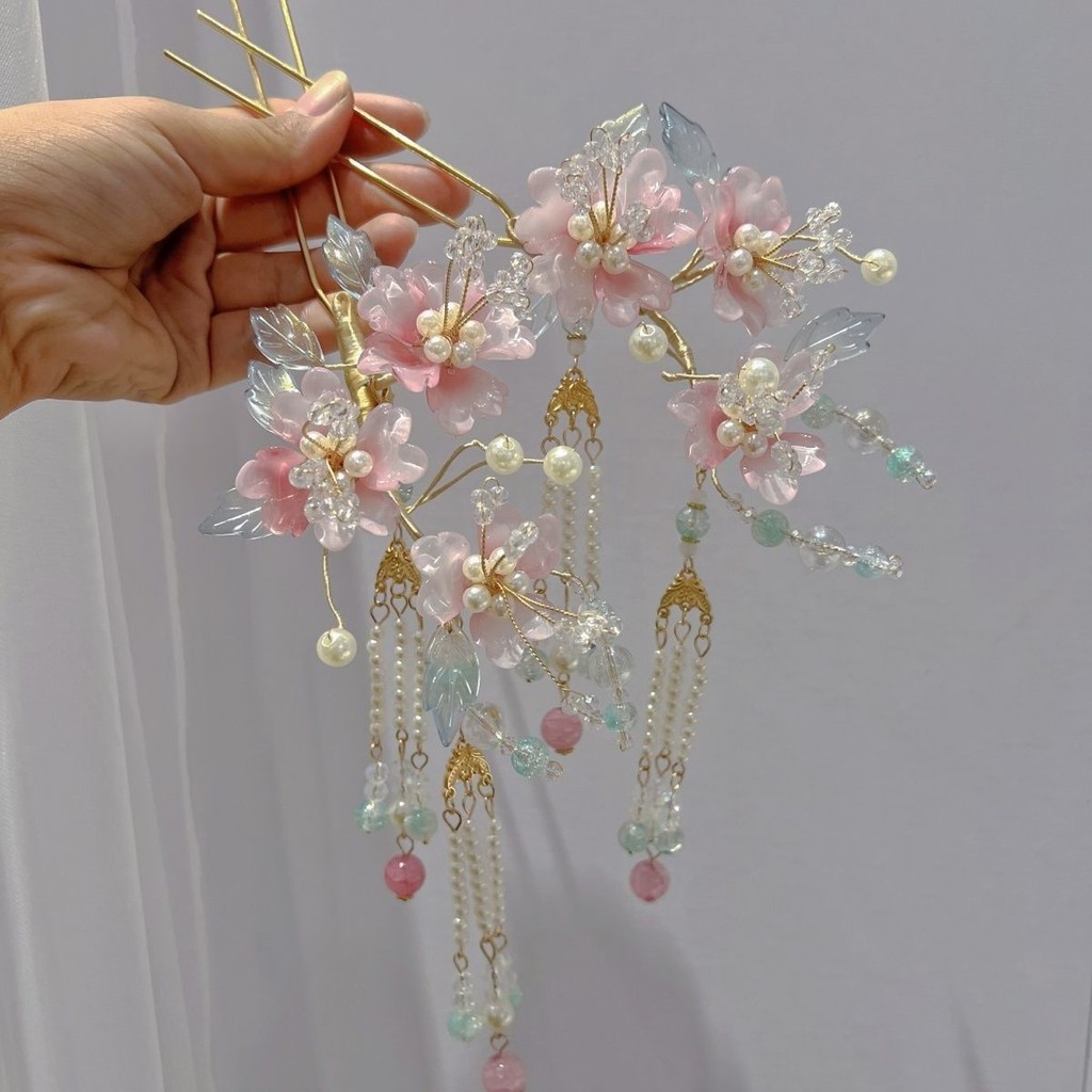 สไตล์จีนโบราณ Hanfu Hairpin อุปกรณ์เสริมเครื่องแต่งกายโบราณเจ้าหญิง Headdress สีชมพูหวาน Hanfu อุปกรณ์เสริมผมพู่ Step เขย่า Hairpin 10.18