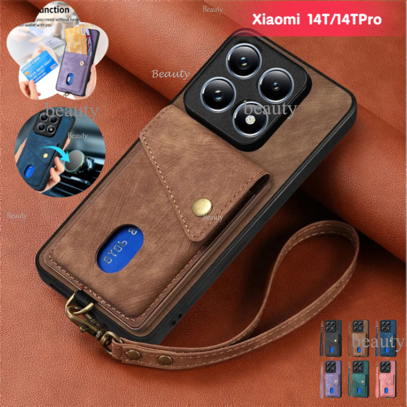ปลอก Xiaomi 14T Pro 14TPro 14 Pro MI13T 13TPro MI14T Xiaomi14TPro 5G 2024 หรูหรา Retro หนังสายรัดข้อมือกระเป๋าสตางค์ใส่การ์ดปลอกแม่เหล็กเลนส์กล้องป้องกันปกหลัง