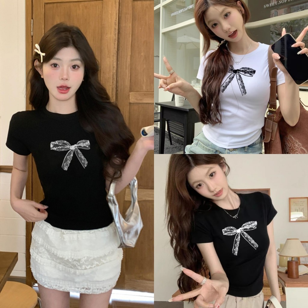 Bella Shop 🌻 2024 เสื้อยืดแขนสั้นสไตล์ใหม่ผู้หญิงความรู้สึกการออกแบบขายร้อนจีบสไตล์สั้นสาวร้อนหวานเก๋ด้านบนเล็กๆที่สวยงาม