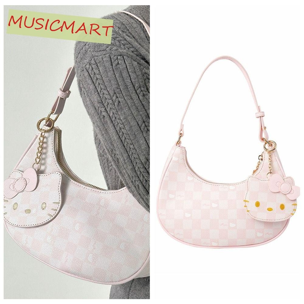 Musicmart KT Cat กระเป๋าสะพาย, กระเป๋าใต้วงแขนการ์ตูนลายสก๊อตฮาราจูกุ, จี้คิตตี้ Y2k หวานๆ ซิป Crescent Bag Travel